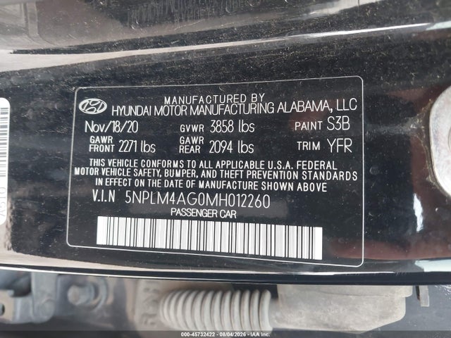 Aukcja sprzedaży 2021 Hyundai Elantra Sel, vin: 5NPLM4AG0MH012260, numer aukcji: 45732422