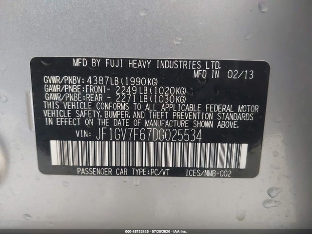 2013 Subaru Impreza Wrx Premium მანქანა იყიდება აუქციონზე, vin: JF1GV7F67DG025534, აუქციონის ნომერი: 45732435