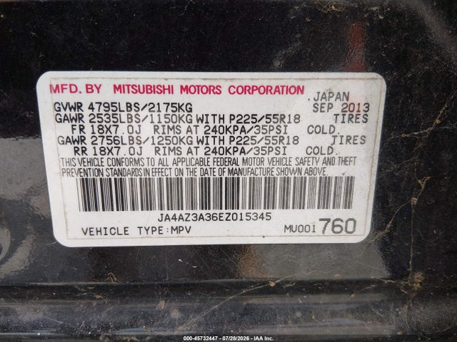 45732447 :رقم المزاد ، JA4AZ3A36EZ015345 vin ، 2014 Mitsubishi Outlander Se مزاد بيع