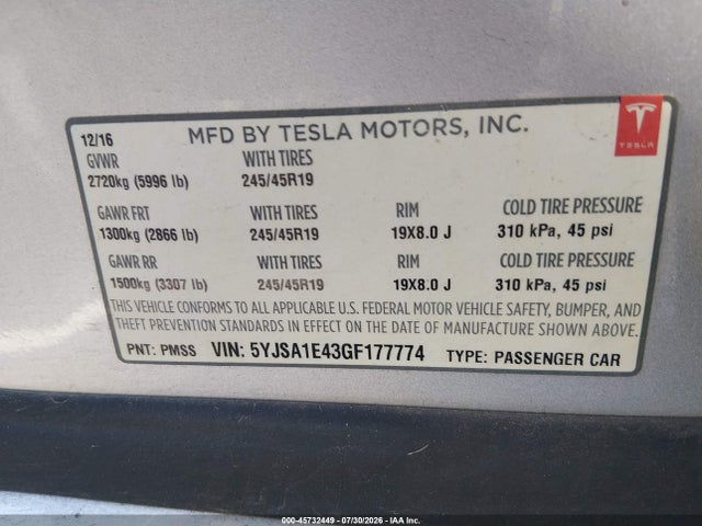 Tesla MODEL S 2016 5YJSA1E43GF177774 Image 9