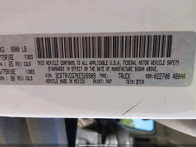 Продаж на аукціоні авто 2019 Ram Promaster 2500 High Roof 159 Wb, vin: 3C6TRVDG7KE526909, номер лоту: 45732454