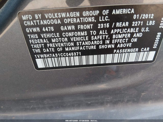 Продаж на аукціоні авто 2012 Volkswagen Passat 2.5l Se, vin: 1VWBH7A31CC045371, номер лоту: 45732459