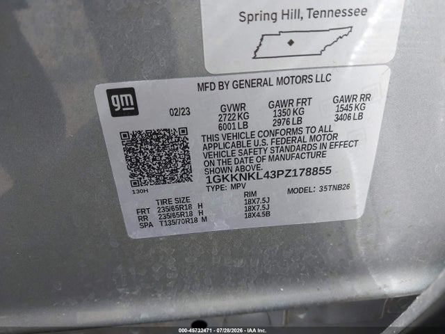 45732471 :رقم المزاد ، 1GKKNKL43PZ178855 vin ، 2023 Gmc Acadia Fwd Sle مزاد بيع