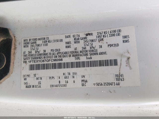 Aukcja sprzedaży 2016 Ford F-150 Xl, vin: 1FTEX1C87GFC96098, numer aukcji: 45732472