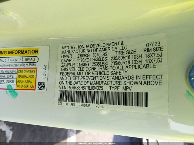 45732487 :رقم المزاد ، 5J6RS6H87RL004325 vin ، 2024 Honda Cr-v Hybrid Sport-l مزاد بيع