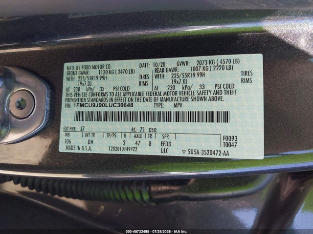 45732495 :رقم المزاد ، 1FMCU9J90LUC30648 vin ، 2020 Ford Escape Titanium مزاد بيع