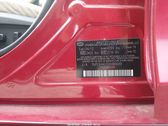 45732497 :رقم المزاد ، 5NPEB4AC7CH480688 vin ، 2012 Hyundai Sonata Gls مزاد بيع