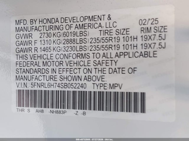 5FNRL6H74SB052240 Honda Odyssey Sport-l