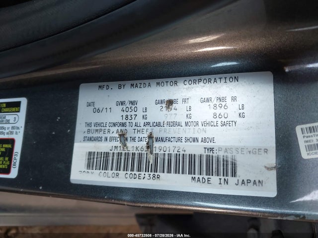 Aukcja sprzedaży 2011 Mazda Mazda3 S Sport, vin: JM1BL1K63B1901724, numer aukcji: 45732508