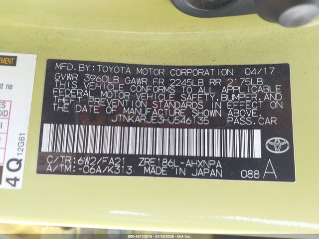 Продаж на аукціоні авто 2017 Toyota Corolla Im, vin: JTNKARJE3HJ546135, номер лоту: 45732515