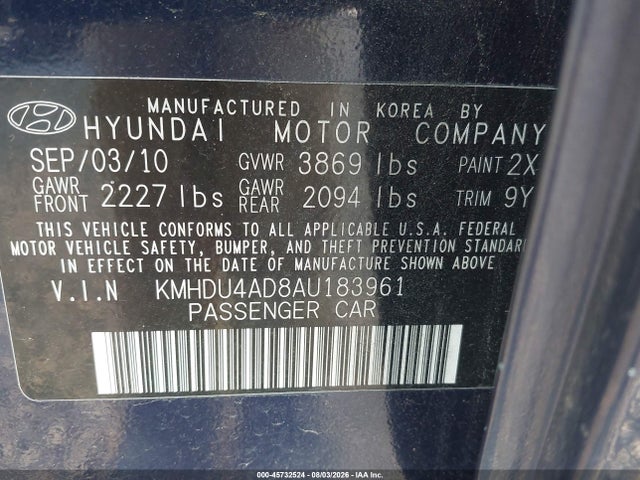 Продажа на аукционе авто 2010 Hyundai Elantra Gls, vin: KMHDU4AD8AU183961, номер лота: 45732524