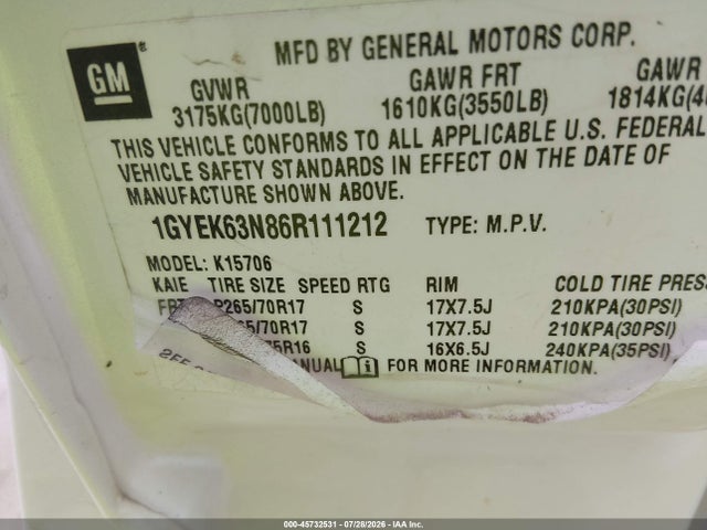 Продажа на аукционе авто 2006 Cadillac Escalade Standard, vin: 1GYEK63N86R111212, номер лота: 45732531