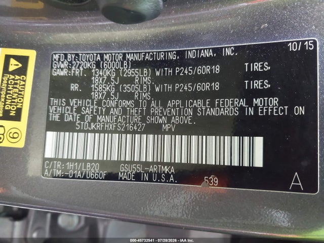 5TDJKRFHXFS216427 Toyota Highlander Xle V6