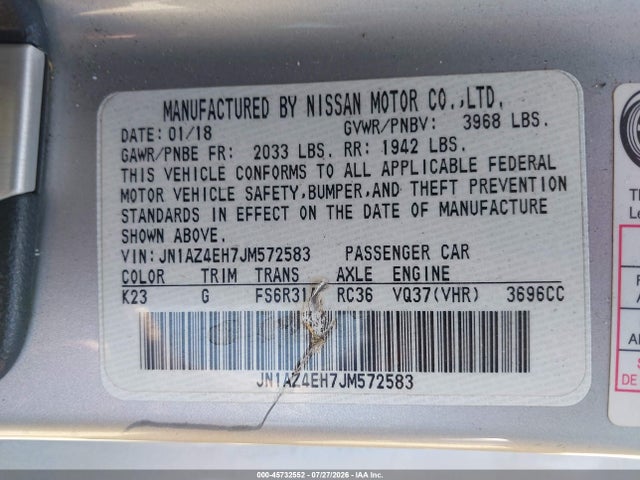 2018 Nissan 370z მანქანა იყიდება აუქციონზე, vin: JN1AZ4EH7JM572583, აუქციონის ნომერი: 45732552
