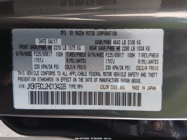 Aukcja sprzedaży 2017 Mazda Cx-5 Touring, vin: JM3KFBCL2H0134228, numer aukcji: 45732555