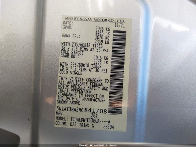 5N1AT3BA2MC841708 Nissan Rogue Sv Fwd
