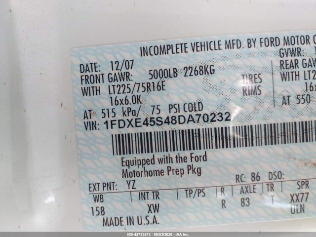Продаж на аукціоні авто 2008 Ford Econoline E450 Super Duty Cutwy Van, vin: 1FDXE45S48DA70232, номер лоту: 45732573
