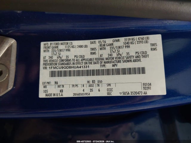 Ford ESCAPE SE 2017 1FMCU9GD8HUA41331 Image 9