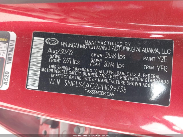 Продажа на аукционе авто 2023 Hyundai Elantra Sel, vin: 5NPLS4AG2PH099735, номер лота: 45732585