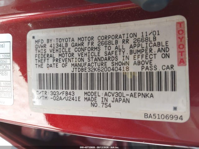 2002 Toyota Camry Le მანქანა იყიდება აუქციონზე, vin: JTDBE32K620040418, აუქციონის ნომერი: 45732609