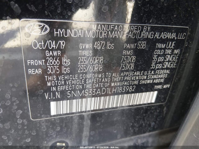 Hyundai Santa Fe Sel 2020 5NMS33AD1LH183982 Image 9