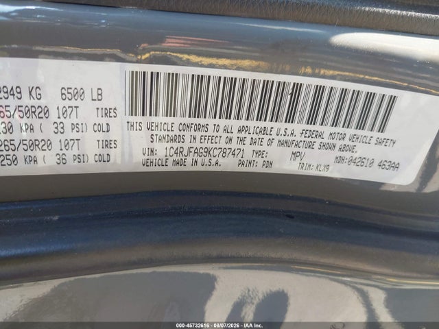 Продаж на аукціоні авто 2019 Jeep Grand Cherokee Altitude 4x4, vin: 1C4RJFAG9KC787471, номер лоту: 45732616