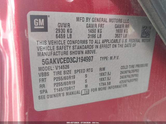 45732625 :رقم المزاد ، 5GAKVCED3CJ194997 vin ، 2012 Buick Enclave Leather مزاد بيع