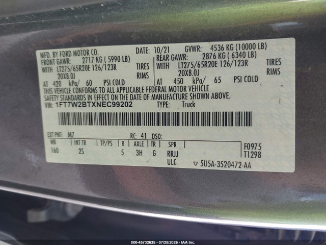 45732635 :رقم المزاد ، 1FT7W2BTXNEC99202 vin ، 2022 Ford F-250 Xlt مزاد بيع