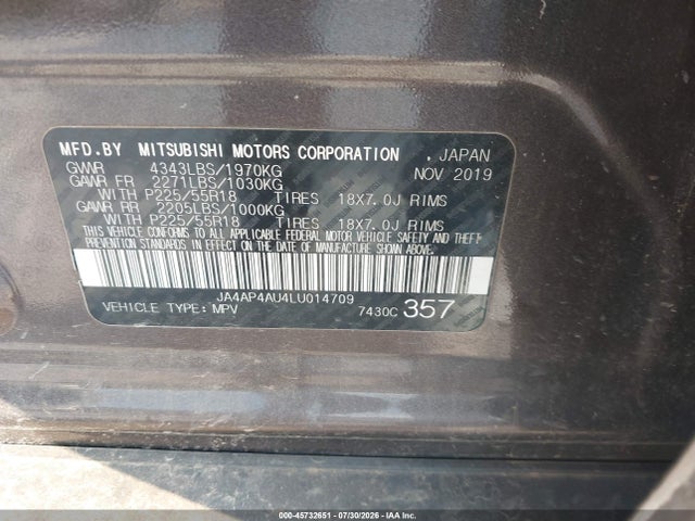 2020 Mitsubishi Outlander Sport 2.0 Se მანქანა იყიდება აუქციონზე, vin: JA4AP4AU4LU014709, აუქციონის ნომერი: 45732651