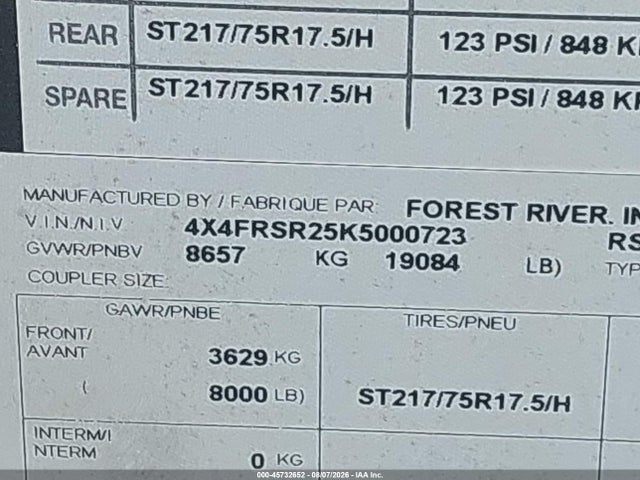 45732652 :رقم المزاد ، 4X4FRSR25K5000723 vin ، 2019 Forest River Riverstone مزاد بيع