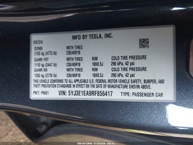Tesla MODEL 3 2024 5YJ3E1EA9RF856417 Image 9