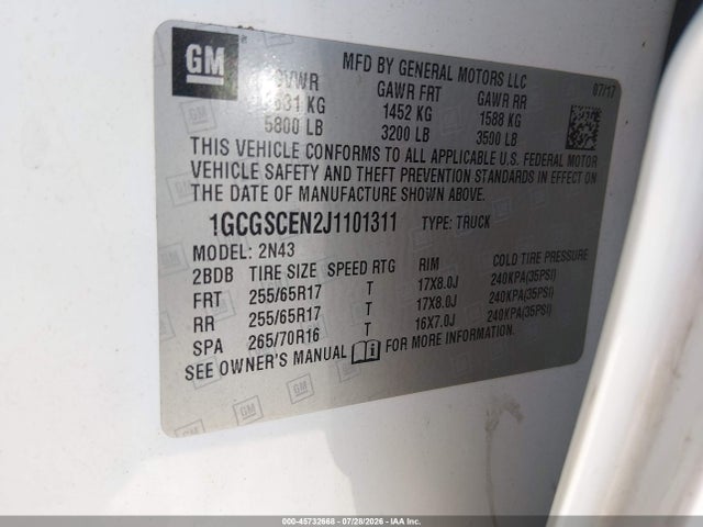 Aukcja sprzedaży 2018 Chevrolet Colorado Lt, vin: 1GCGSCEN2J1101311, numer aukcji: 45732668