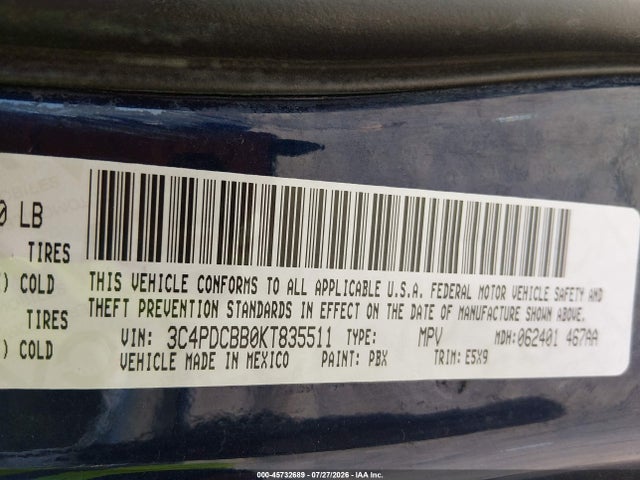 Aukcja sprzedaży 2019 Dodge Journey Se, vin: 3C4PDCBB0KT835511, numer aukcji: 45732689