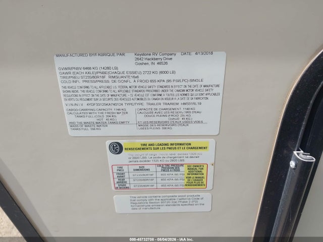 Aukcja sprzedaży 2019 Keystone Montana, vin: 4YDF33125KA740124, numer aukcji: 45732708