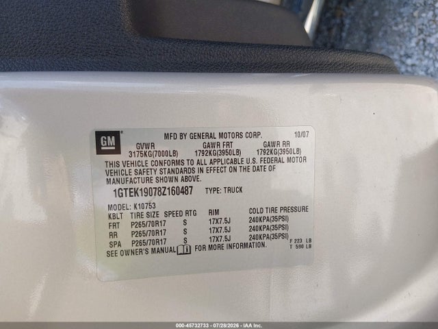 2008 Gmc Sierra 1500 Sle1 მანქანა იყიდება აუქციონზე, vin: 1GTEK19078Z160487, აუქციონის ნომერი: 45732733
