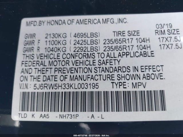 Honda CR-V LX 2019 5J6RW5H33KL003195 Image 9