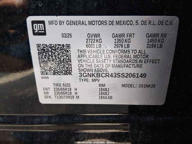 45732749 :رقم المزاد ، 3GNKBCR43SS206149 vin ، 2025 Chevrolet Blazer Fwd 2lt مزاد بيع