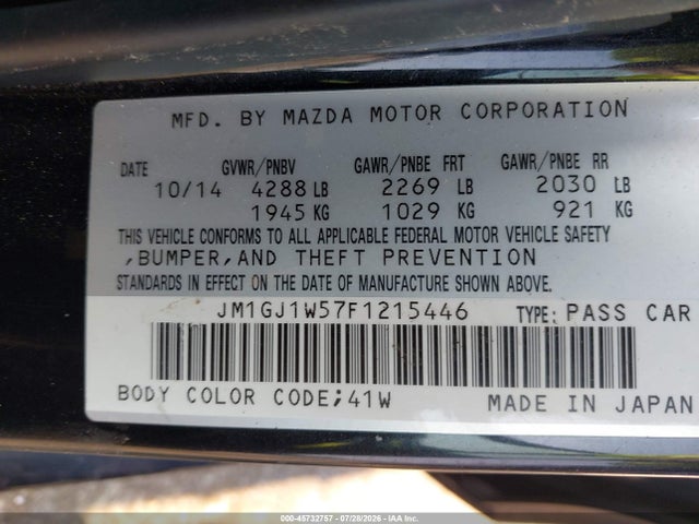 45732757 :رقم المزاد ، JM1GJ1W57F1215446 vin ، 2015 Mazda Mazda6 I Grand Touring مزاد بيع