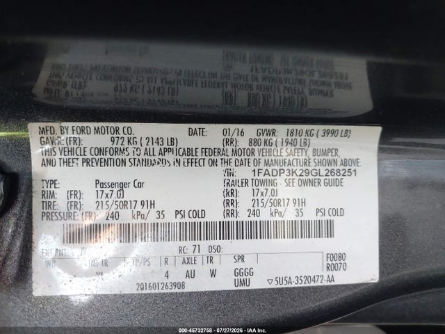 Ford FOCUS SE 2016 1FADP3K29GL268251 Image 9