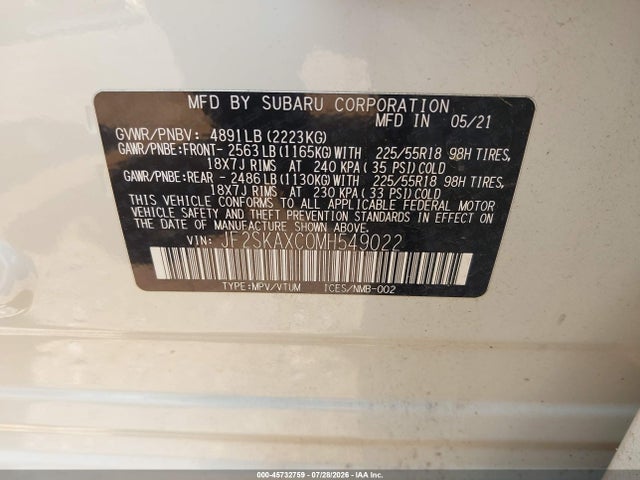 Продаж на аукціоні авто 2021 Subaru Forester Touring, vin: JF2SKAXC0MH549022, номер лоту: 45732759