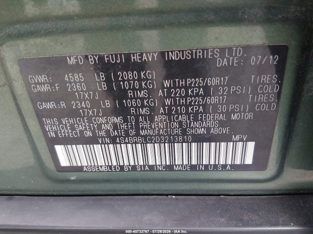 2013 Subaru Outback 2.5i Limited მანქანა იყიდება აუქციონზე, vin: 4S4BRBLC2D3213810, აუქციონის ნომერი: 45732767