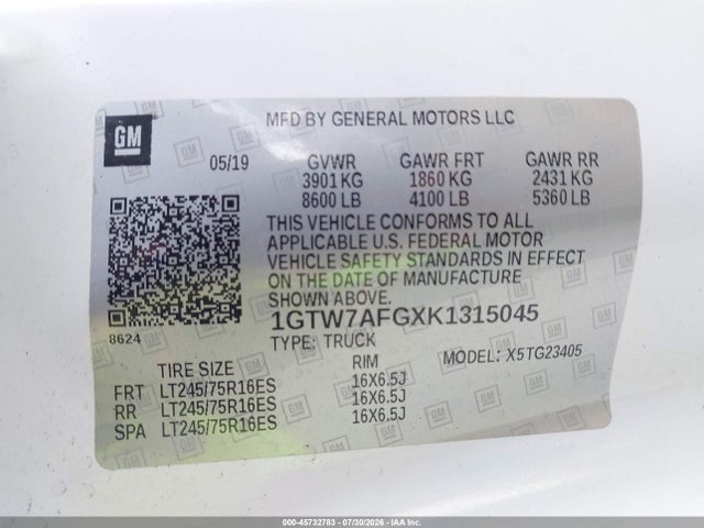 45732783 :رقم المزاد ، 1GTW7AFGXK1315045 vin ، 2019 Gmc Savana 2500 Work Van مزاد بيع