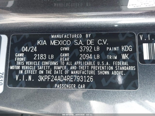 Aukcja sprzedaży 2024 Kia Forte Lxs, vin: 3KPF24AD4RE793126, numer aukcji: 45732791