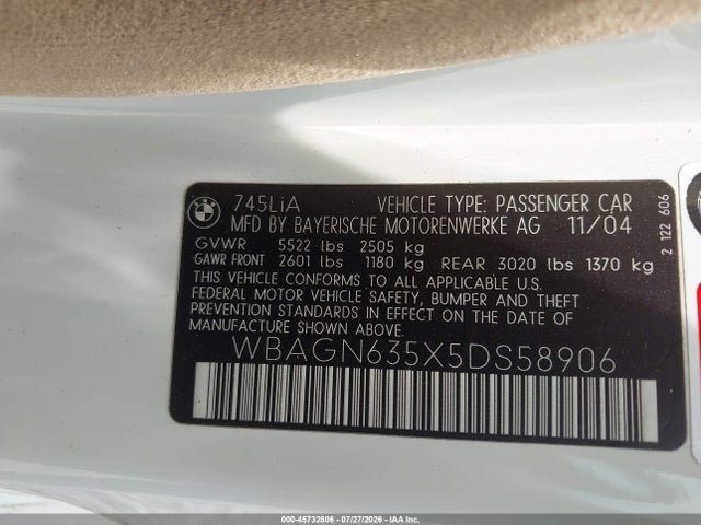 45732806 :رقم المزاد ، WBAGN635X5DS58906 vin ، 2005 Bmw 745li مزاد بيع