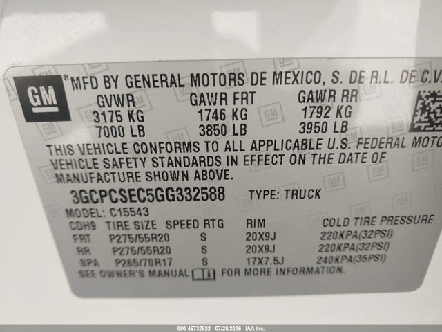2016 Chevrolet Silverado 1500 Ltz მანქანა იყიდება აუქციონზე, vin: 3GCPCSEC5GG332588, აუქციონის ნომერი: 45732822