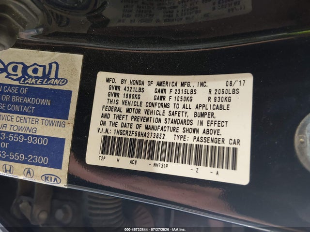 45732844 :رقم المزاد ، 1HGCR2F59HA273852 vin ، 2017 Honda Accord Sport مزاد بيع