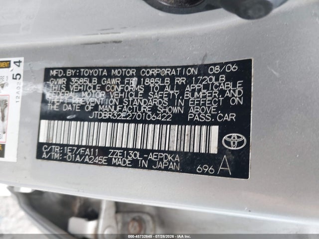 Aukcja sprzedaży 2007 Toyota Corolla Ce, vin: JTDBR32E270106422, numer aukcji: 45732845