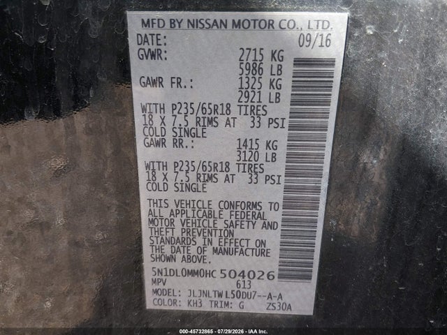 45732865 :رقم المزاد ، 5N1DL0MM0HC504026 vin ، 2017 Infiniti Qx60 مزاد بيع