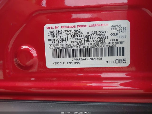 45732877 :رقم المزاد ، JA4AR3AW5GZ028598 vin ، 2016 Mitsubishi Outlander Sport 2.4 Es مزاد بيع