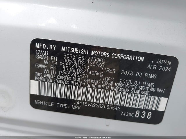 45732887 :رقم المزاد ، JA4T5VA92RZ065542 vin ، 2024 Mitsubishi Outlander Phev Se Ralliart/se S-awc مزاد بيع